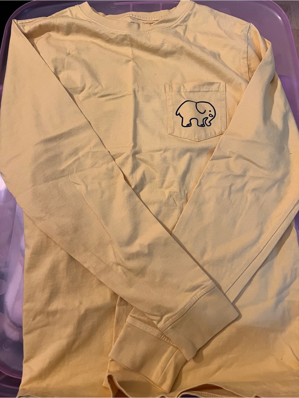 ivory ella Long-Sleeve Pocket Top in Pale Yellow with Navy Elephant